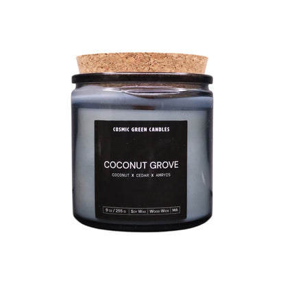 Coconut Grove candle in eco-friendly packaging, highlighting sustainability and artisan craftsmanship.