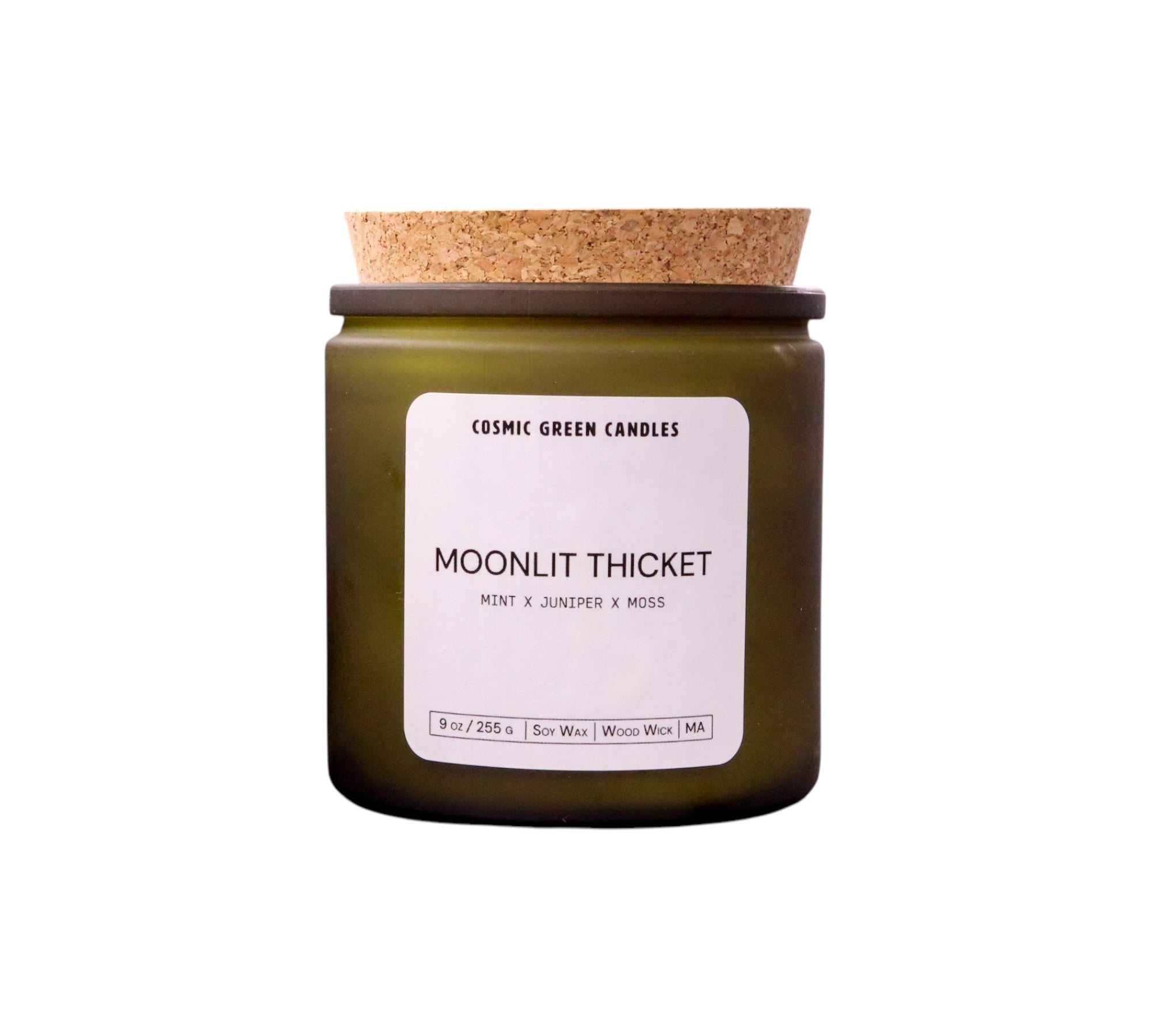 Handcrafted Moonlit Thicket candle with a rustic woodsy aroma and eco-friendly soy wax.