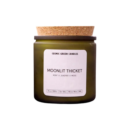 Handcrafted Moonlit Thicket candle with a rustic woodsy aroma and eco-friendly soy wax.