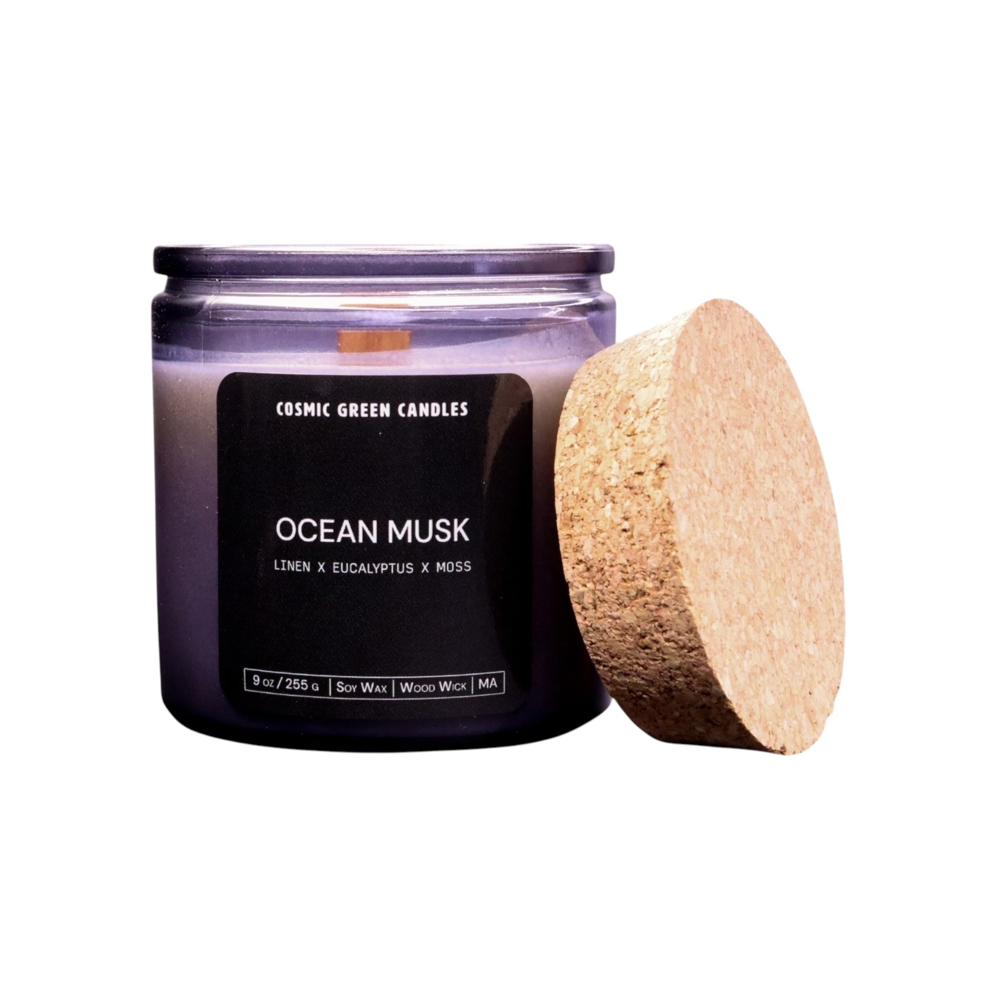 Ocean Musk soy candle with a fresh coastal aroma, handcrafted by a sustainable small business.