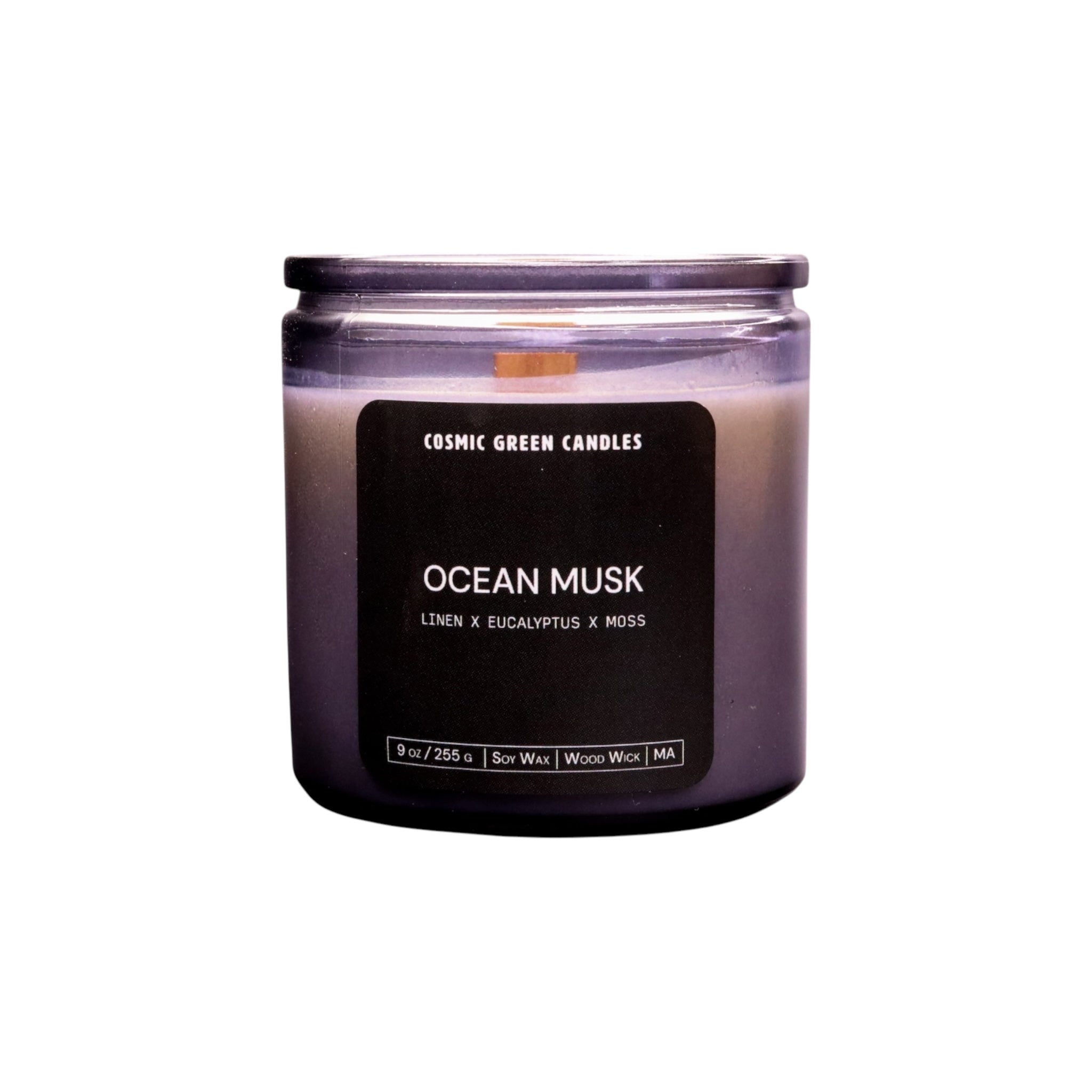 Natural Ocean Musk candle with a marine-inspired fragrance, crafted with sustainable soy wax.