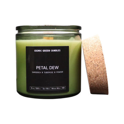 Handcrafted Petal Dew candle with a light floral scent and eco-friendly soy wax.