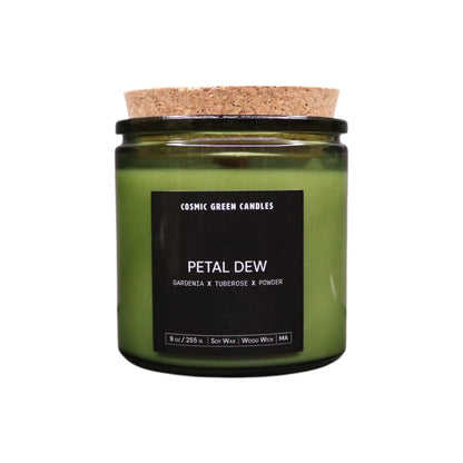 Handcrafted Petal Dew candle with a light floral scent and eco-friendly soy wax.