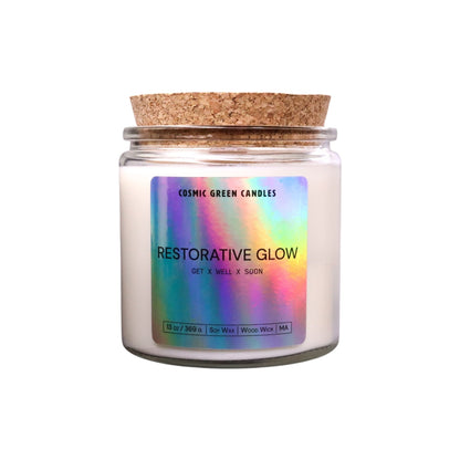 The Restorative Glow candle offers a soothing unscented experience, made with sustainable soy wax.