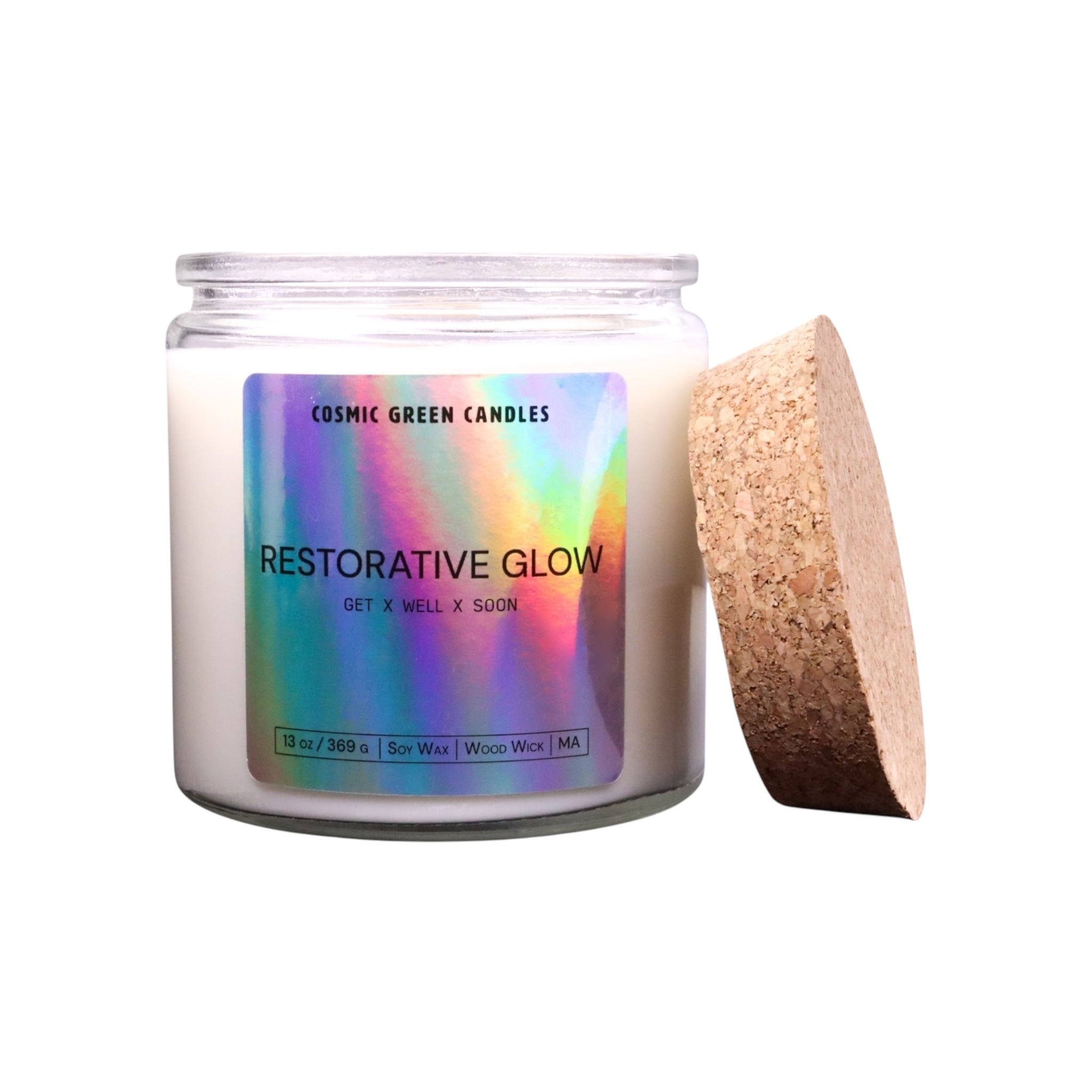 The Restorative Glow candle promotes relaxation with its soothing aromatherapy scent, made from eco-friendly unscented soy wax