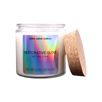 The Restorative Glow candle promotes relaxation with its soothing aromatherapy scent, made from eco-friendly unscented soy wax