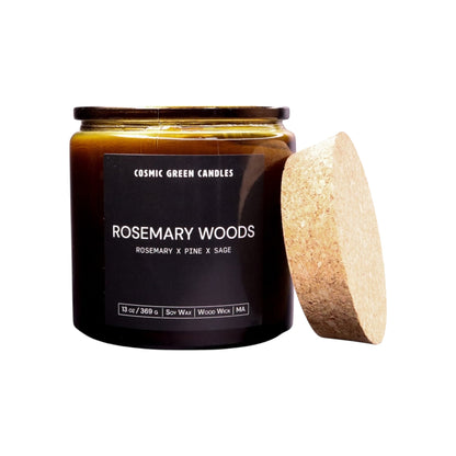 Rosemary Woods soy candle with a fresh herbal aroma, handcrafted by a sustainable small business.