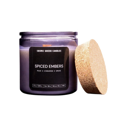 Spiced Embers soy candle with a warm and smoky fragrance, handcrafted by a small sustainable business.