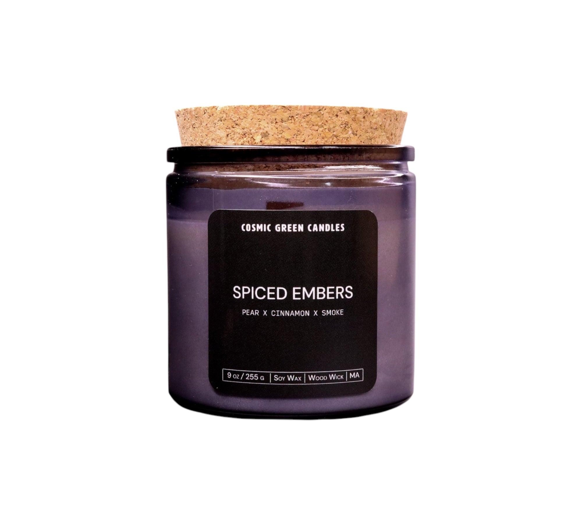 Handcrafted Spiced Embers candle with a crackling wood wick and a warm, spicy fragrance.