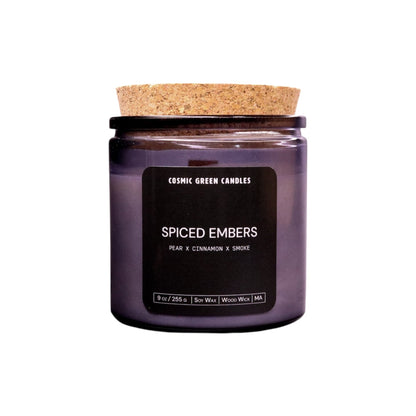 Handcrafted Spiced Embers candle with a crackling wood wick and a warm, spicy fragrance.