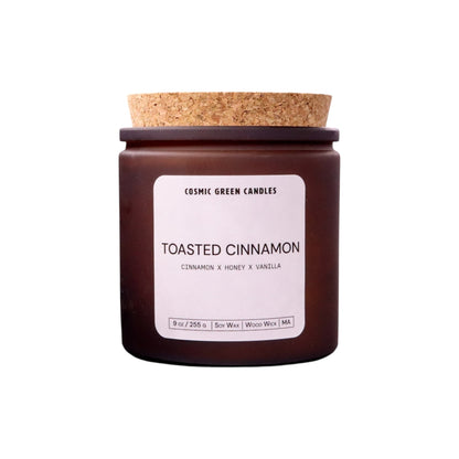 Handcrafted Toasted Cinnamon candle with soy wax and a wood wick, made by a sustainable small business.