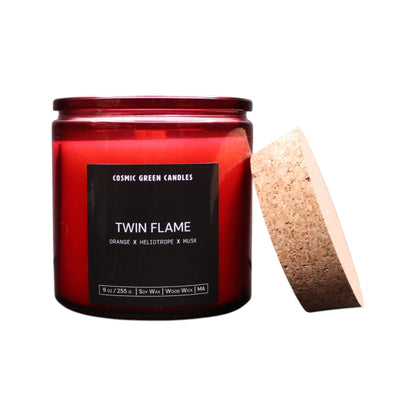 Twin Flame candle with a crackling wood wick and soy wax, handcrafted by a sustainable small business.