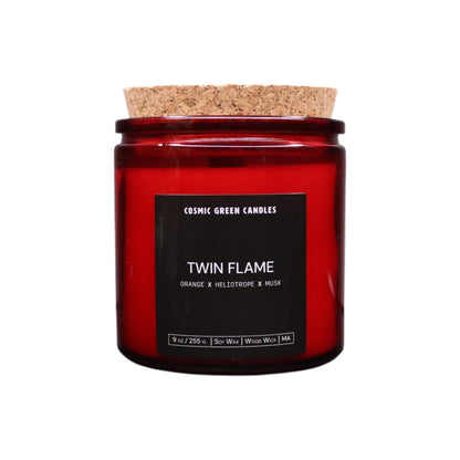 Eco-friendly Twin Flame candle with sustainable soy wax and a wood wick for a natural burn.