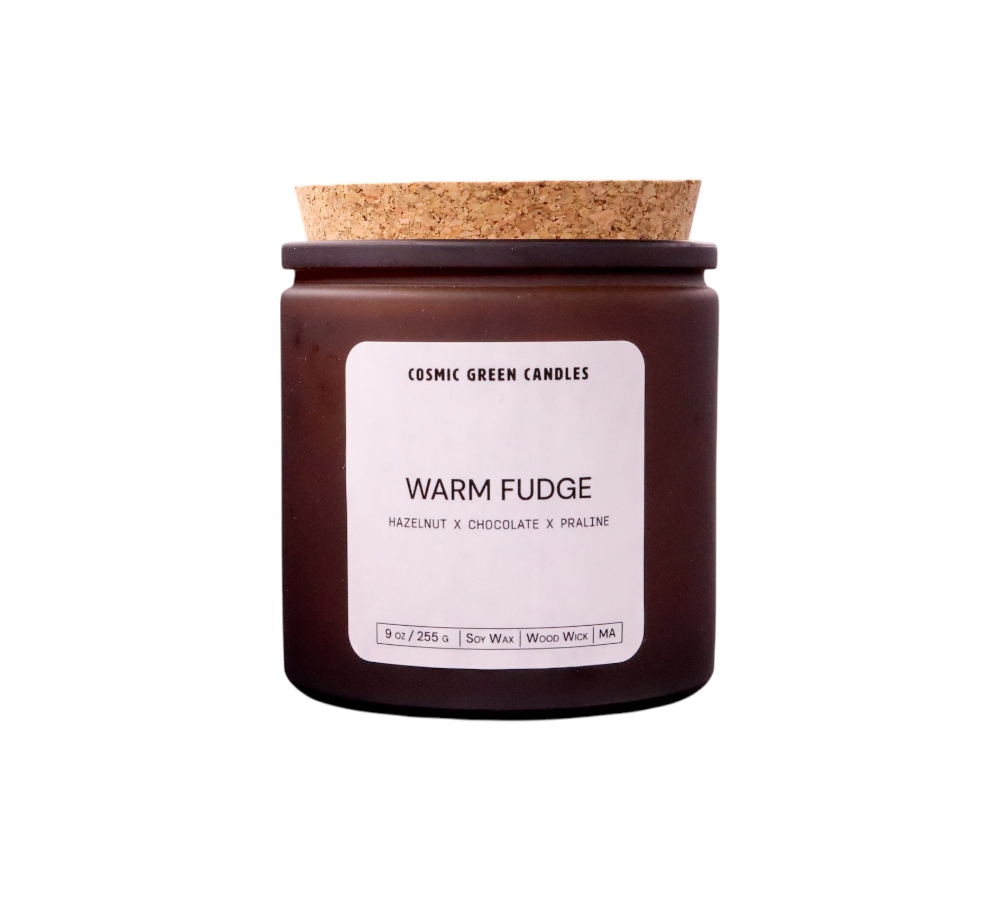 Handcrafted Warm Fudge candle with a delicious chocolate scent, made by a woman-owned sustainable business in Massachusetts.