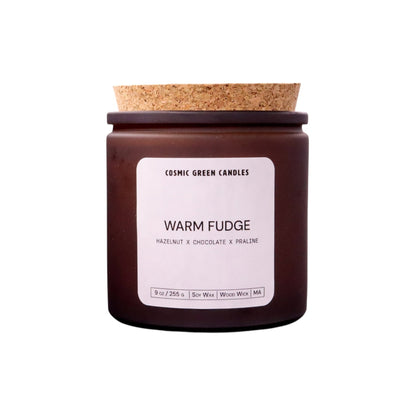 Handcrafted Warm Fudge candle with a delicious chocolate scent, made by a woman-owned sustainable business in Massachusetts.