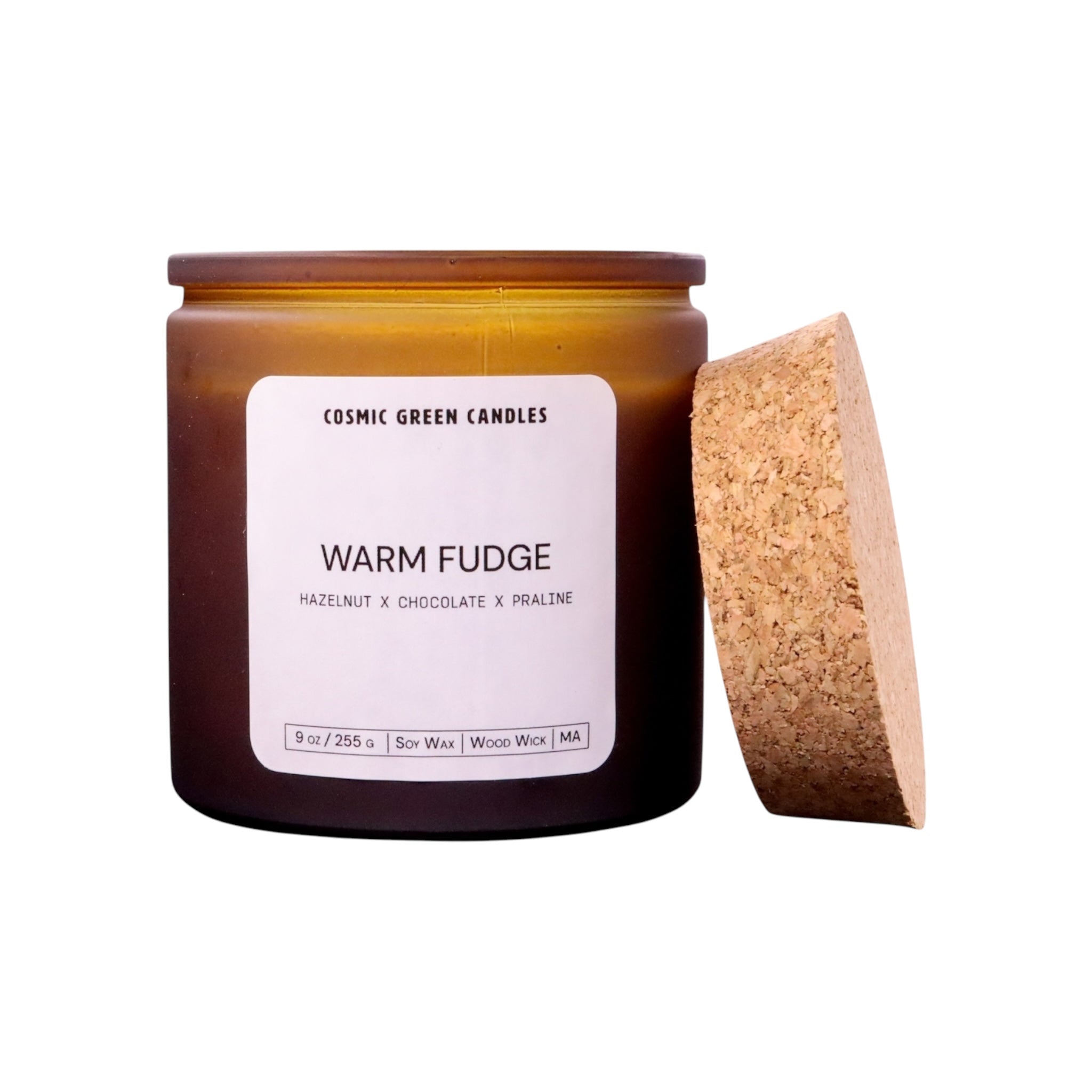 Warm Fudge candle with a rich chocolate scent, handcrafted from soy wax by a Massachusetts woman-owned small business.